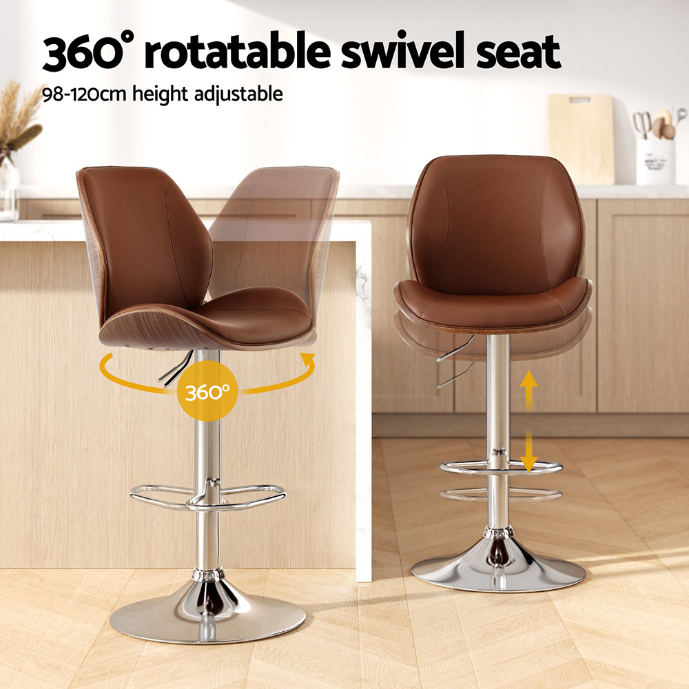 Artiss 1X Bar Stool Bentwood Swivel Adjustable Kitchen Dining Counter Stool Leather Brown