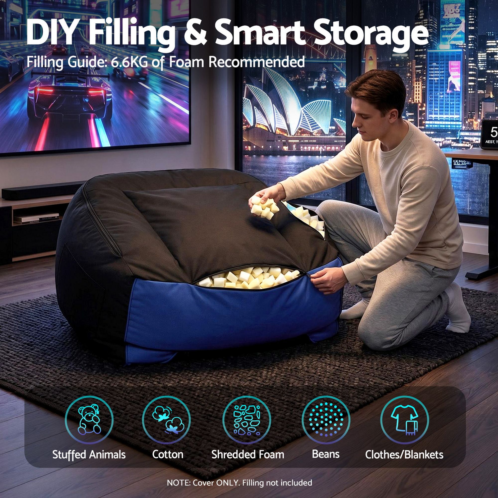Artiss Gaming Bean Bag Chair Cover (No Filler) for Adults Teens Kids Splash-Proof Floor Gaming Chair Cover with Side Pockets