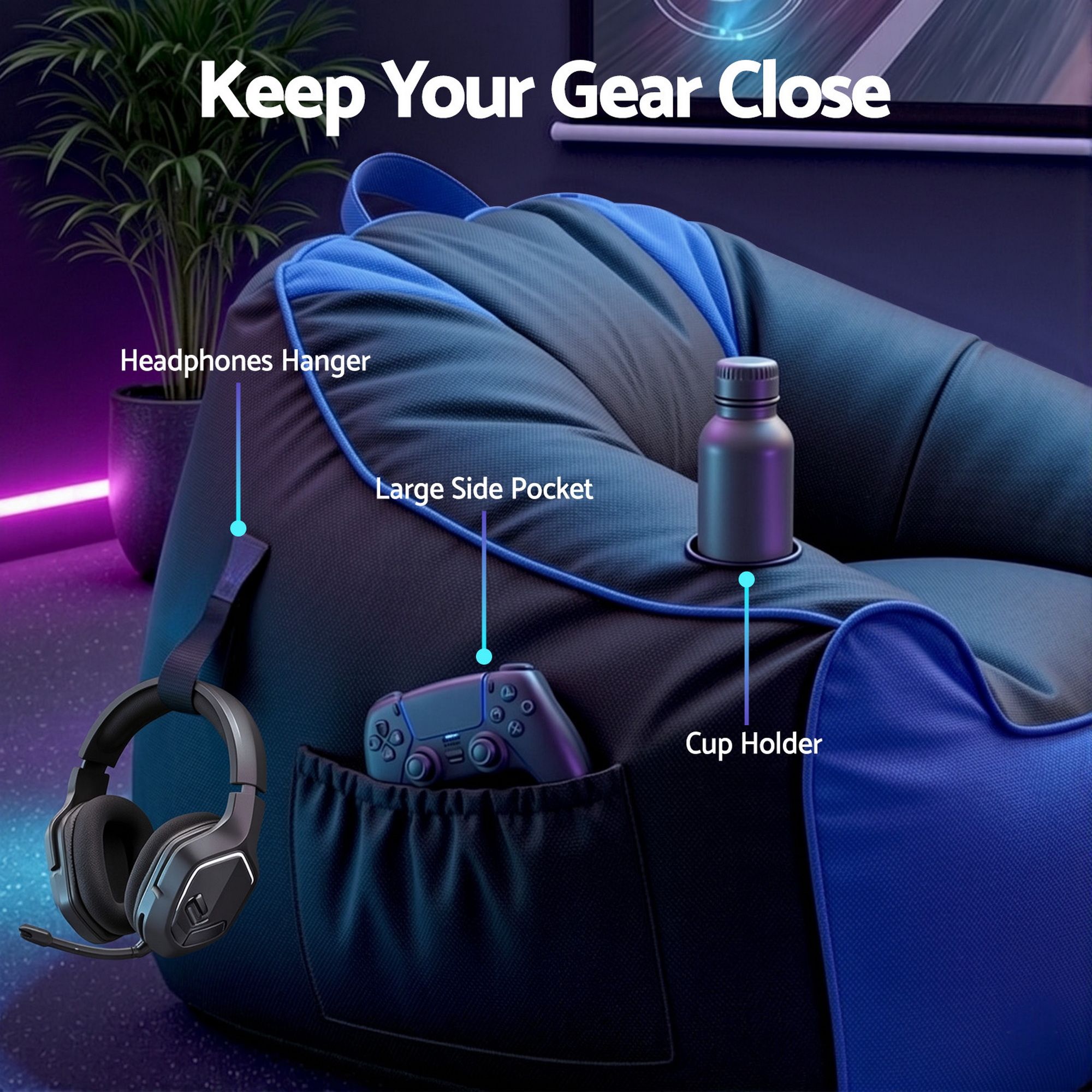 Artiss Gaming Bean Bag Chair Cover (No Filler) for Adults Teens Kids Splash-Proof Floor Gaming Chair Cover with Side Pockets