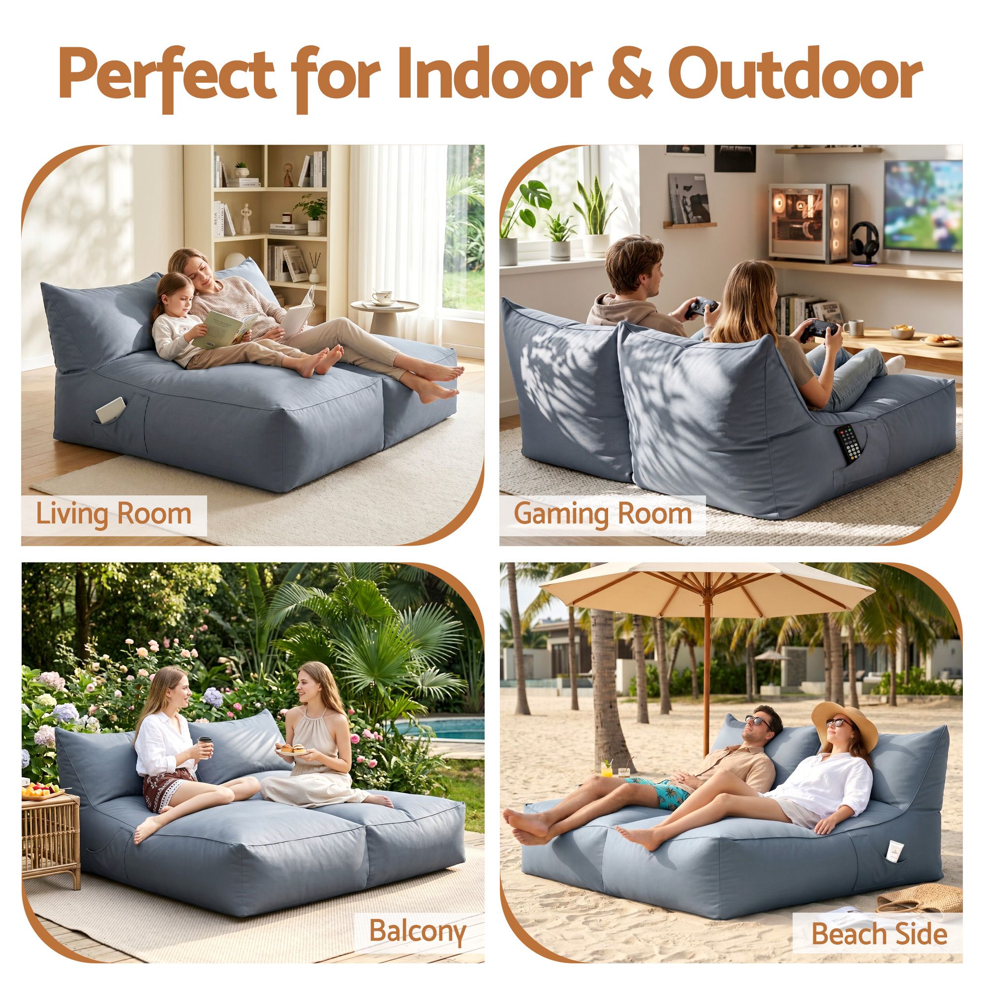 Artiss Outdoor Bean Bag Chair Cover (No Filler) 2 Seater Beanbag Lounge Sofacover Adults Splash-Proof Large Bean Bag Cover for Patio Poolside Relaxing Indoor