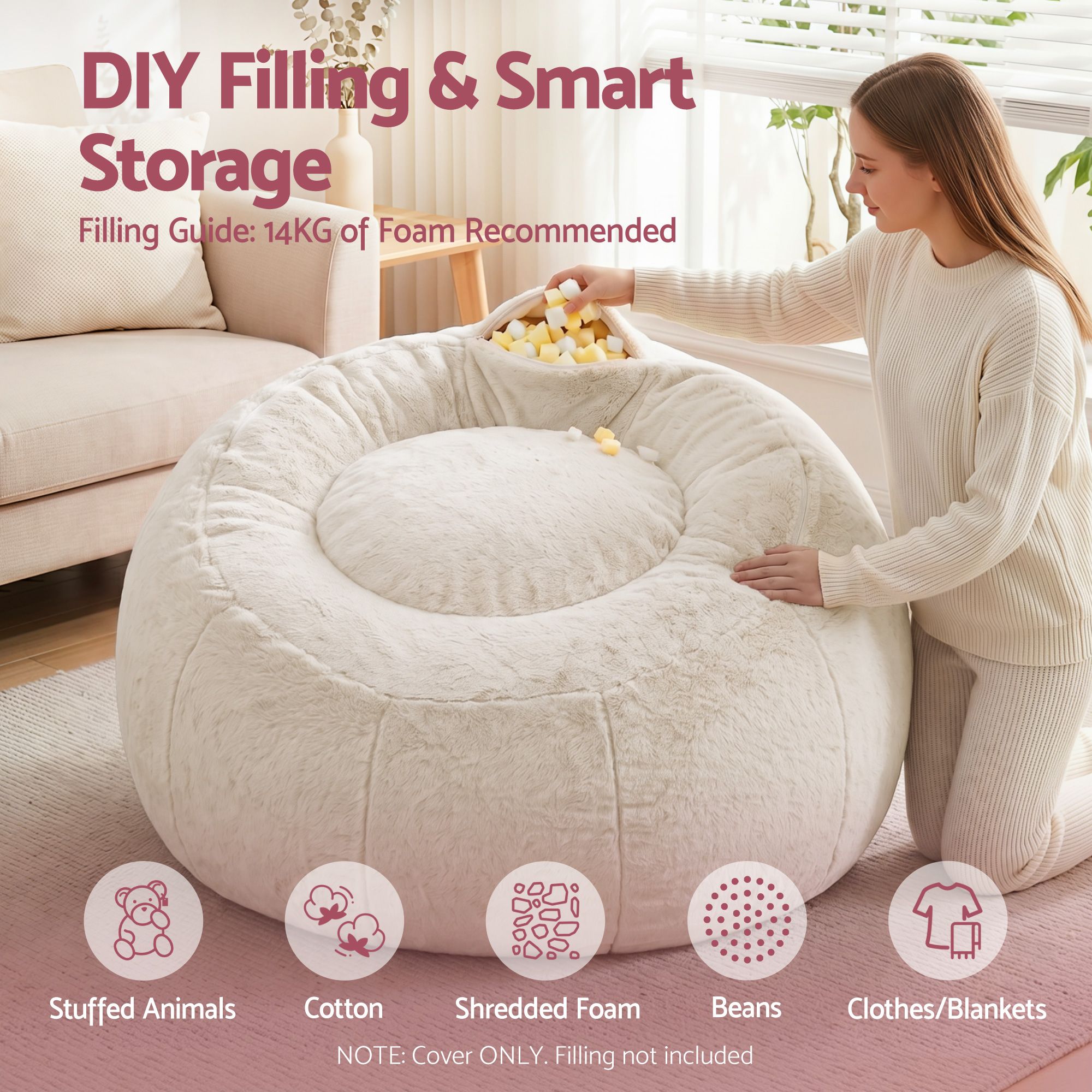 Artiss Bean Bag Chair Cover (No Filler) Soft Faux Fur Beanbag Cover Large Round Stuffed Animal Storage Bean Bag Cover Washable Lazy Sofa Cover for Adults Kids Teens