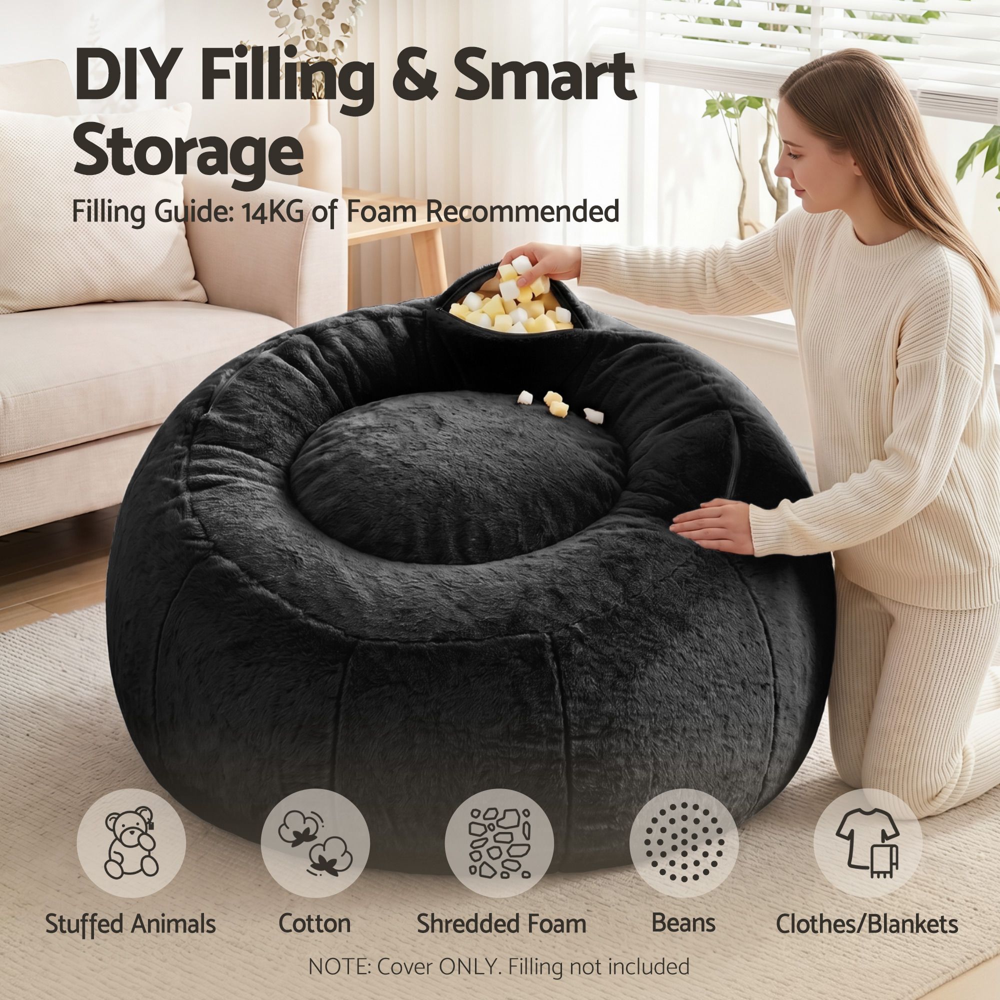 Artiss Bean Bag Chair Cover (No Filler) Soft Faux Fur Beanbag Cover Large Round Stuffed Animal Storage Bean Bag Cover Washable Lazy Sofa Cover for Adults Kids Teens