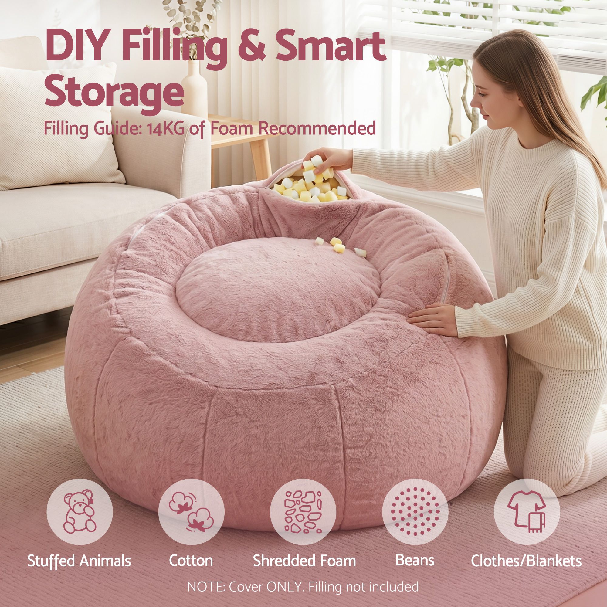 Artiss Bean Bag Chair Cover (No Filler) Soft Faux Fur Beanbag Cover Large Round Stuffed Animal Storage Bean Bag Cover Washable Lazy Sofa Cover for Adults Kids Teens