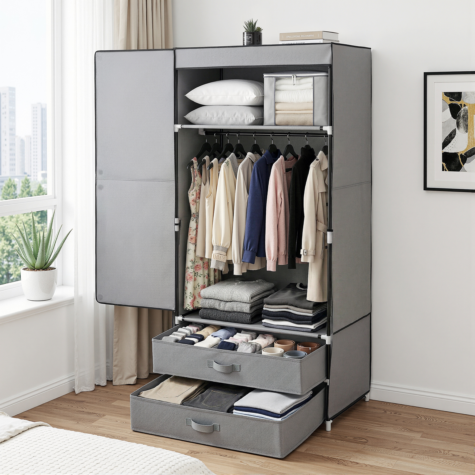 Artiss Large Portable Clothes Closet Wardrobe with Magnetic Door Grey Artiss Large Portable Clothes Closet Wardrobe with Magnetic Door Grey