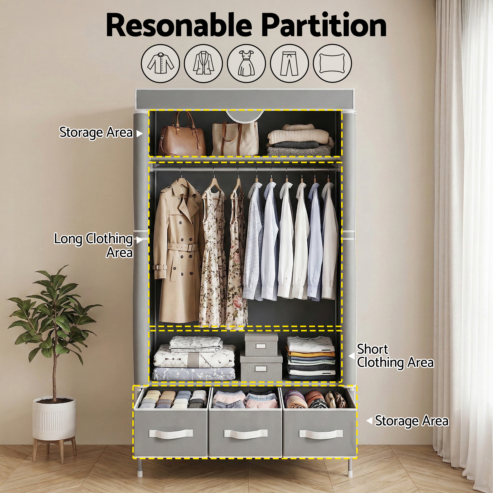 Artiss Large Portable Clothes Closet Wardrobe with Tiebacks Grey