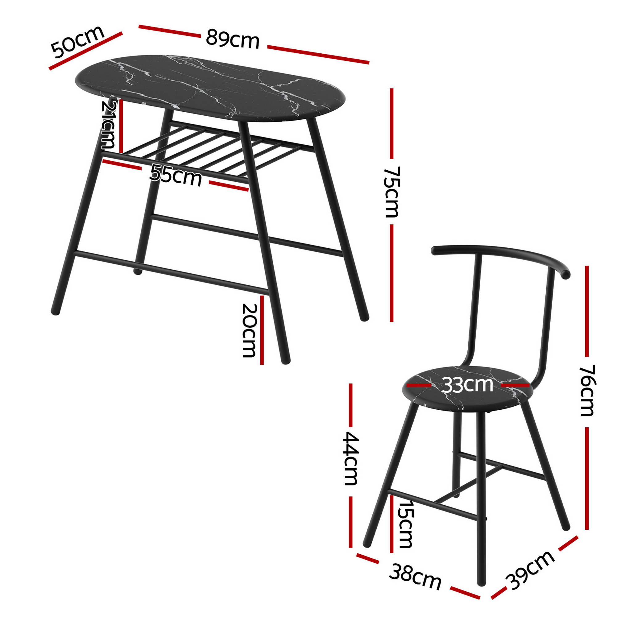 Artiss Dining Table Set 3PC Bistro Kitchen Storage Wine Rack Black Marble Style detail