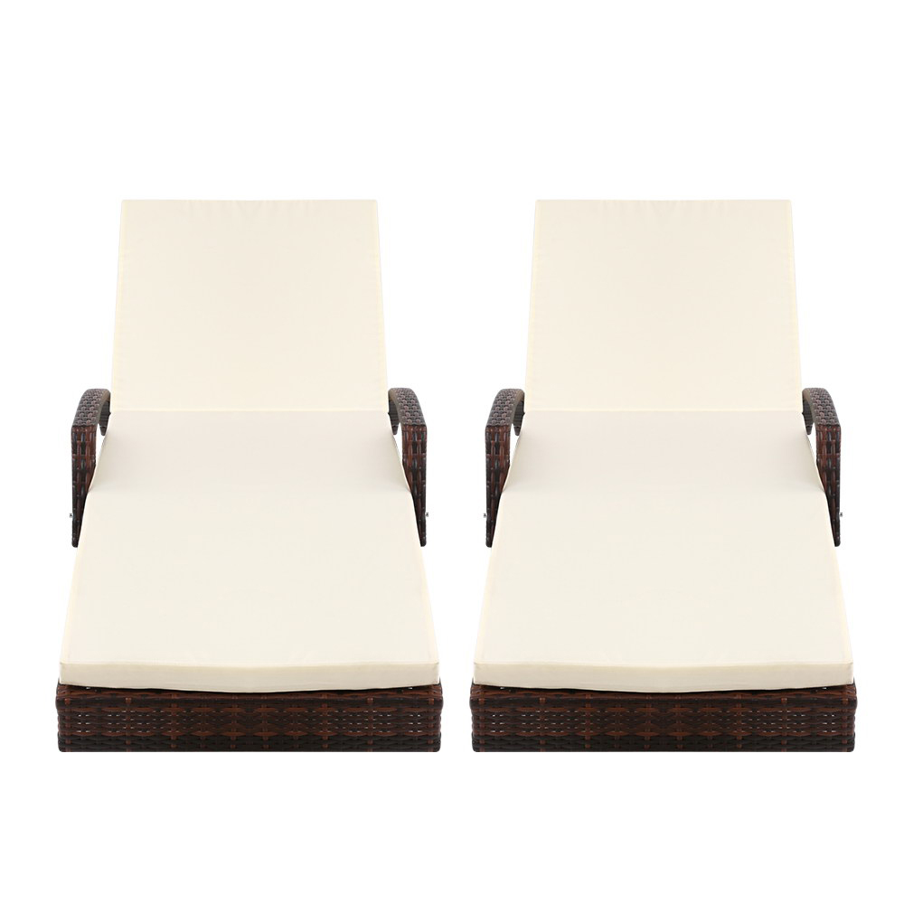 Gardeon 2PC Sun Lounge Wicker Lounger Outdoor Furniture Beach Chair Patio Adjustable Cushion Brown
