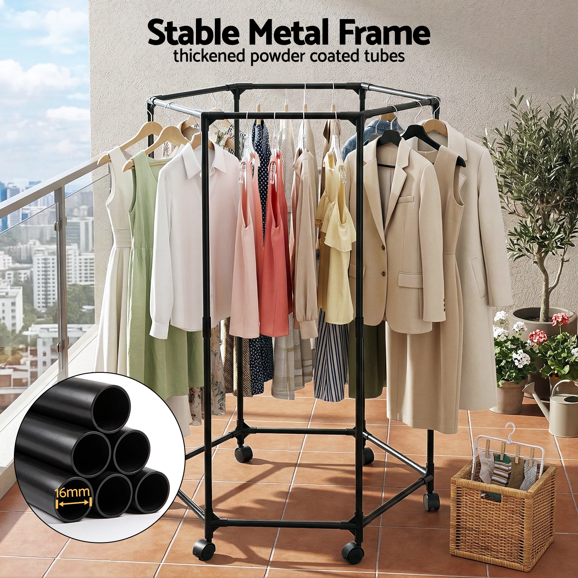 Artiss Clothes Rack Airer Rail Coat Stand Wheels 6 Rods