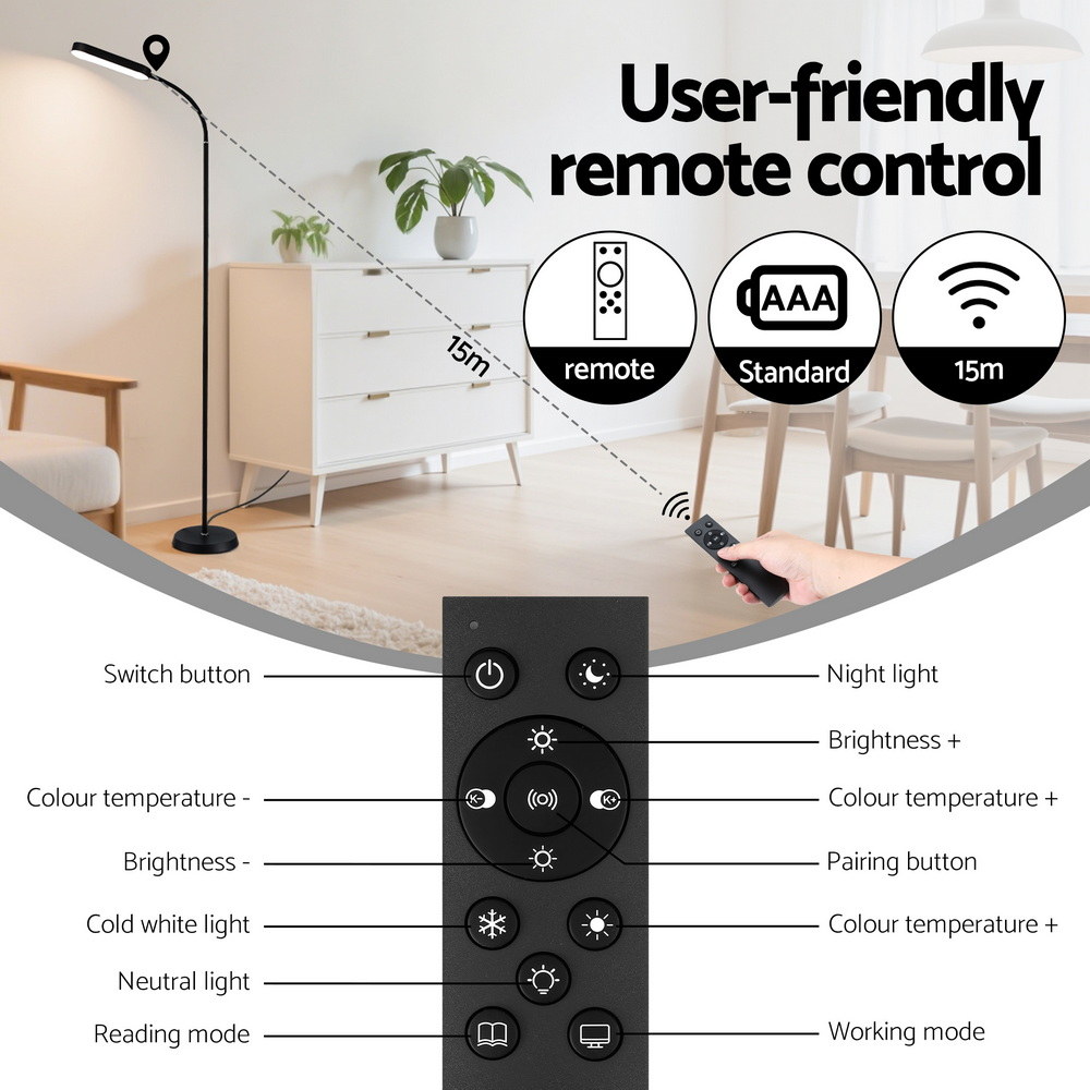 Artiss LED Floor Lamp with Remote Control & 4 Color Temperature Reading Living Room Bedroom Office