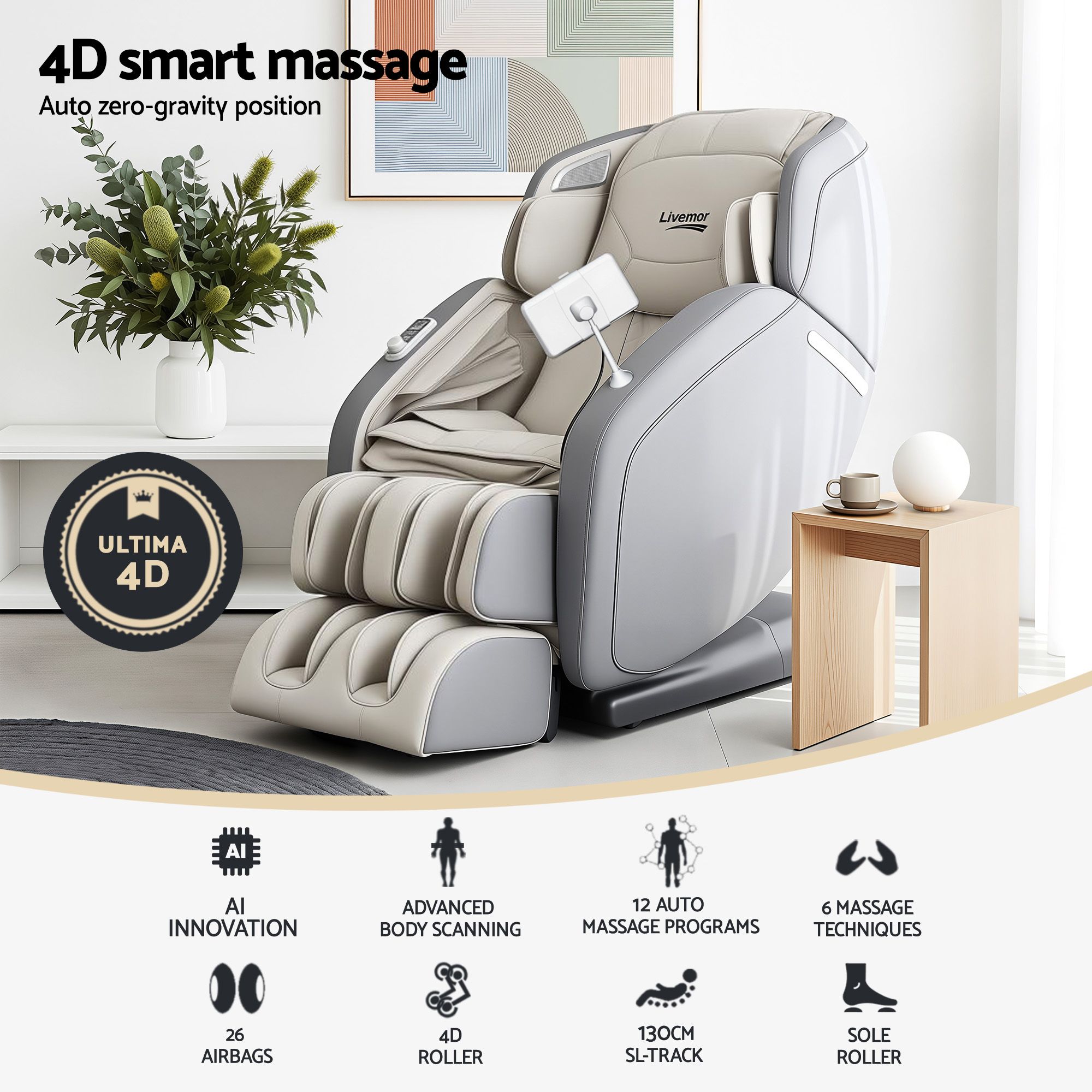 Livemor 4D Massage Chair Recliner - Full Body SL-Track Zero Gravity With AI Body Scan, Deep... detail