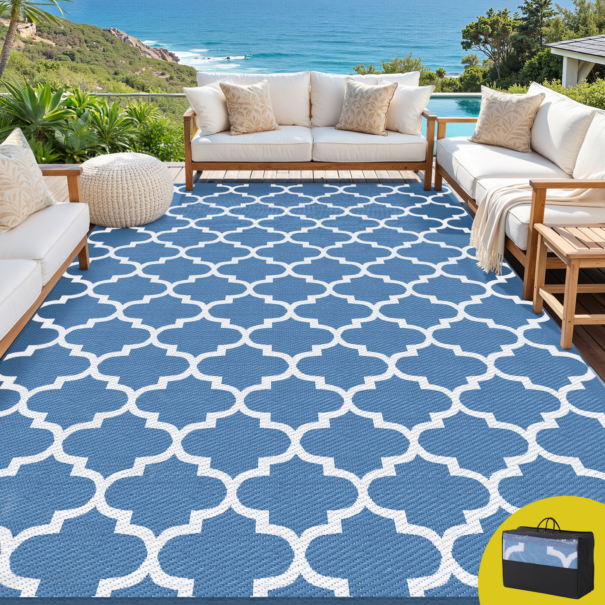 Gardeon Outdoor Rugs 274x366cm Large Carpet Reversible Area Mat PP Dual-Sided Patio Rug Blue Gardeon Outdoor Rugs 274x366cm Large Carpet Reversible Area Mat PP Dual-Sided Patio Rug Blue