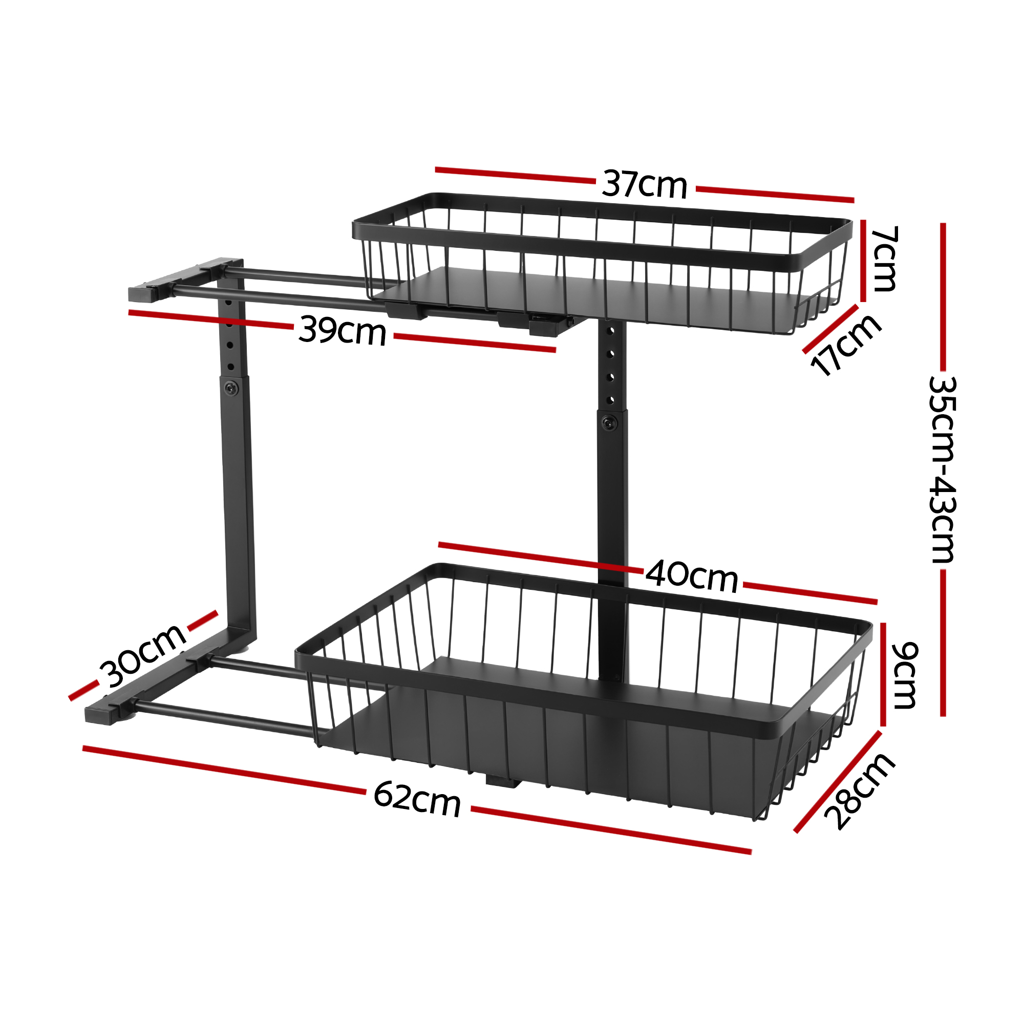 Artiss Under Sink Organizer Storage with 2 Slide Out Drawers 5 Adjustable Height Bathroom Kitchen Cabinet Black