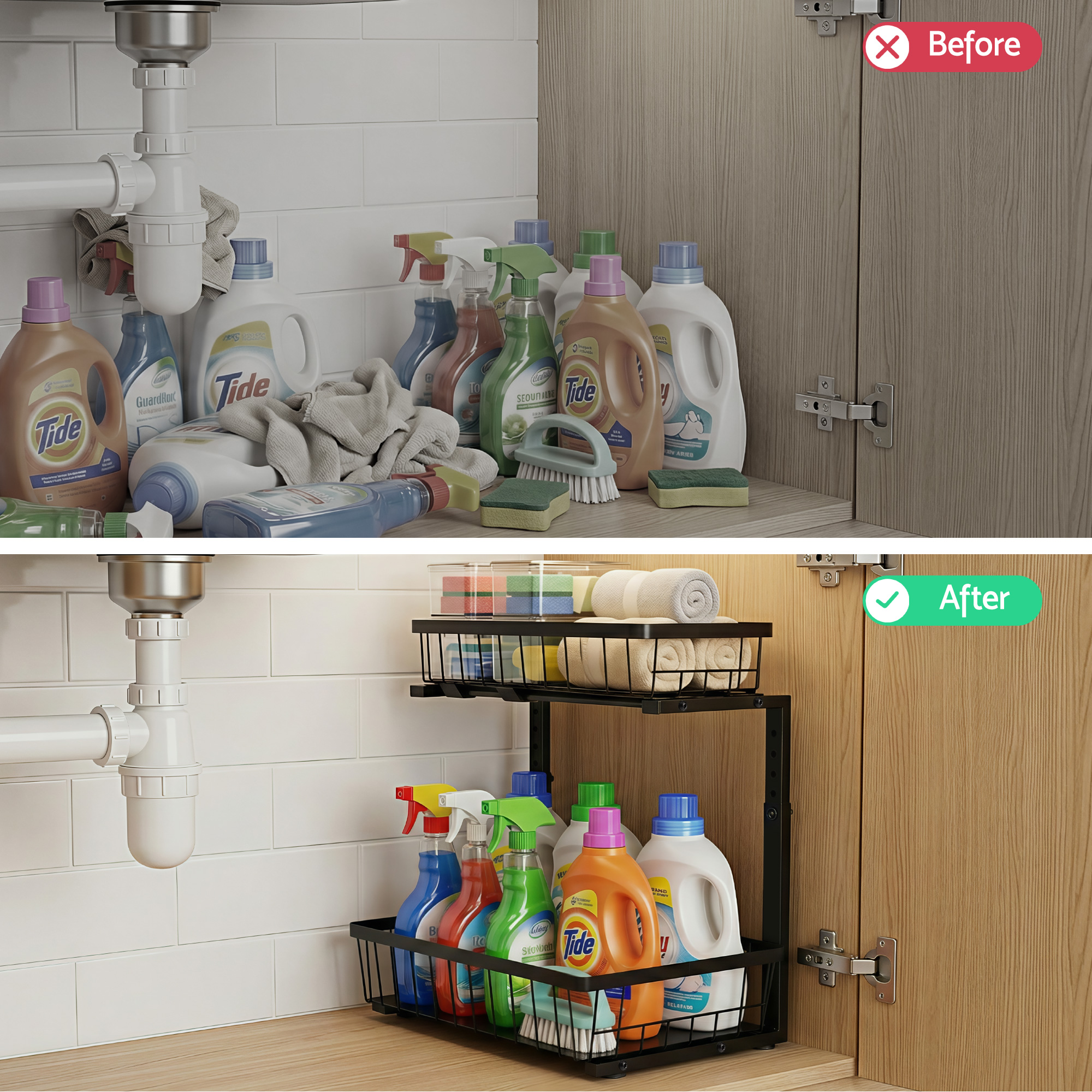 Artiss Under Sink Organizer Storage with 2 Slide Out Drawers 5 Adjustable Height Bathroom Kitchen Cabinet Black