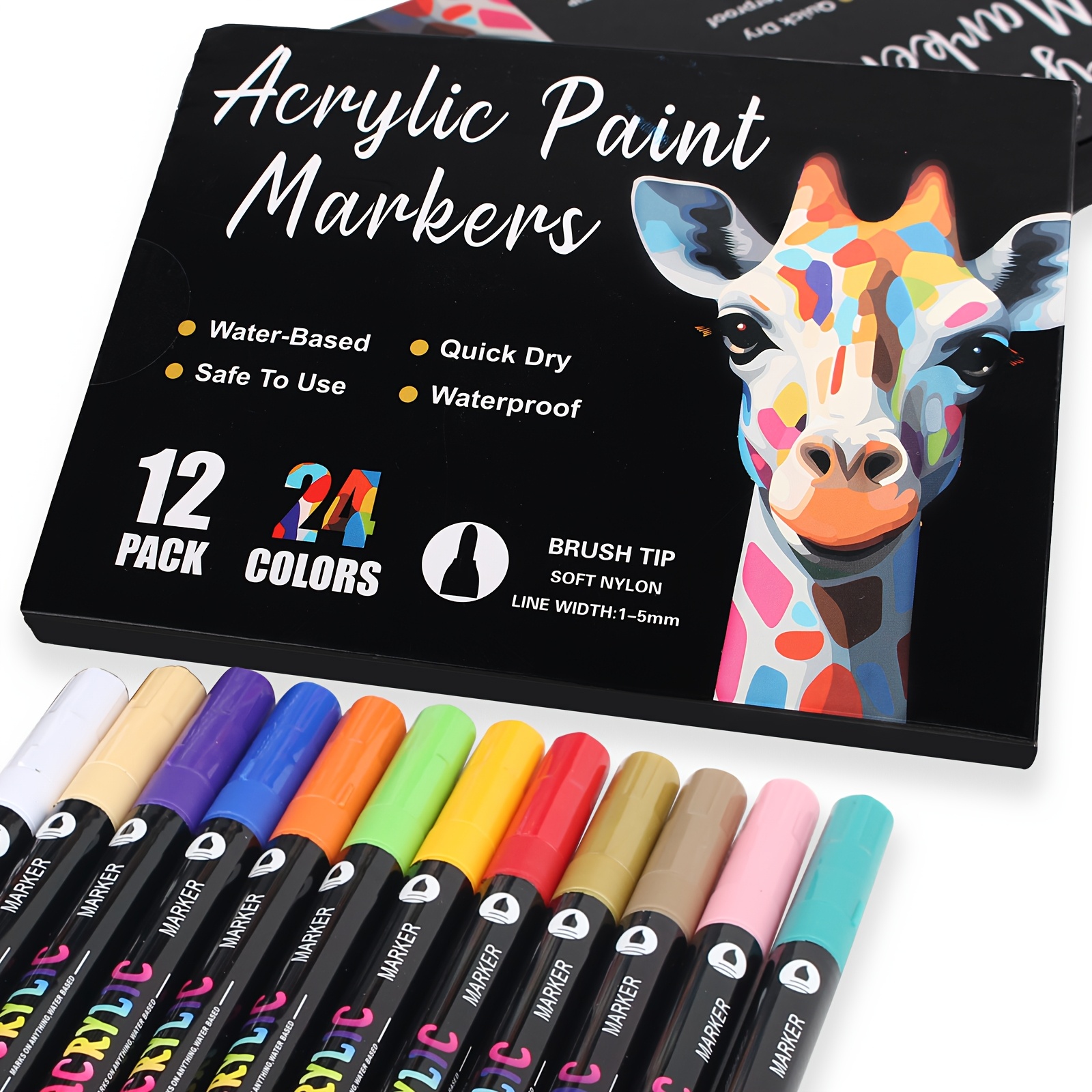 12-Pack Dual-Tip Acrylic Paint Markers, 24 Colors Double brush tips, dual-color acrylic paint pens Suitable for use on various surfaces by adults: stone, wood, rock, canvas, plastic, glass, ceramic, and more.