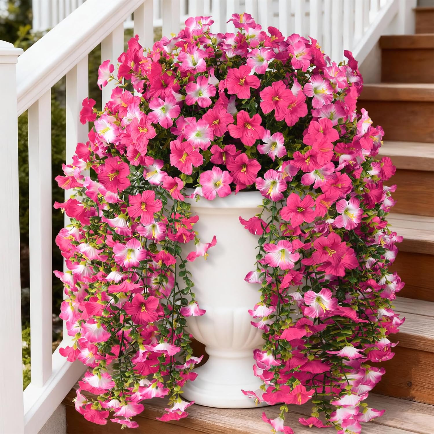 Artificial Fake Hanging Flowers Plants for Outdoor Spring Decoration,2 PCS Faux Silk Morning Glory with Eucalyptus Leaves,UV Resistant Realistic Trailing Vines for Balcony Porch Patio Yard Garden