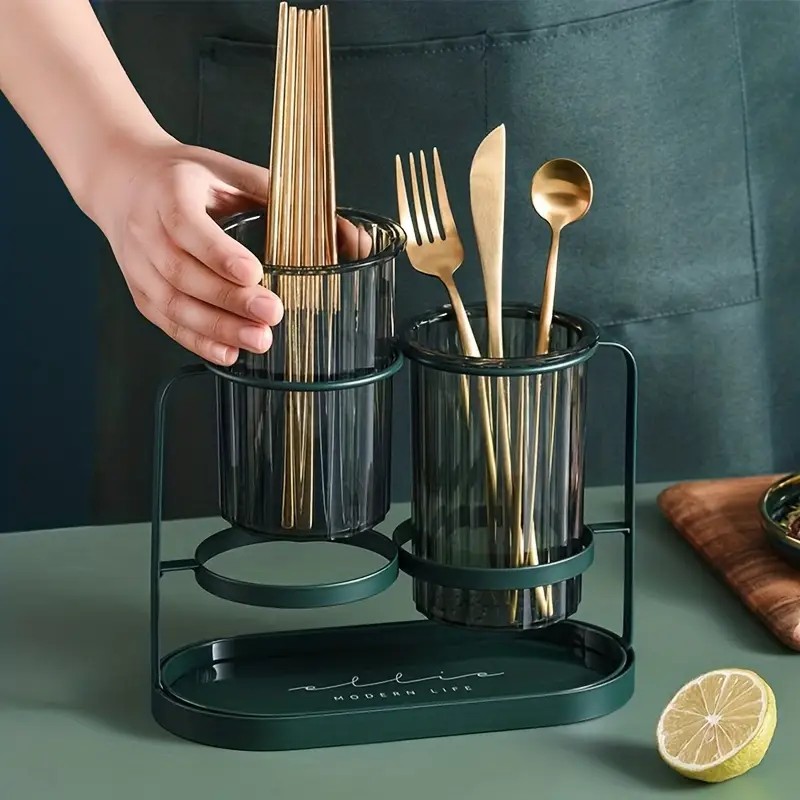 Dark green Luxury Wall-Mounted Cutlery Holder, Household Knife Fork Spoon Organizer, New Kitchen Utensil Drainer and Chopstick Container, Tableware Storage Rack