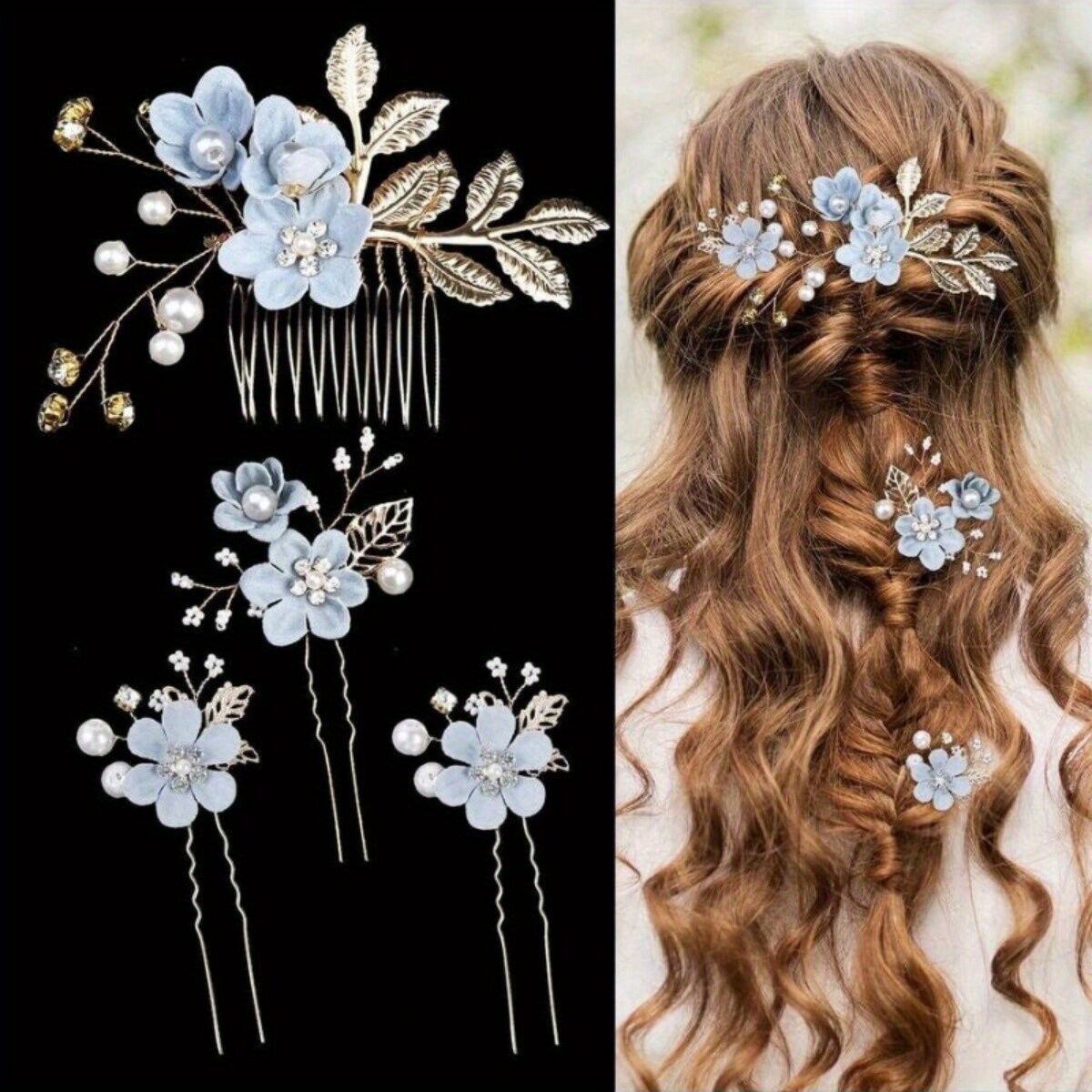 BLUE 4-Piece Elegant Light Luxury Pearl Flower Hair Accessories Set, Bridal Wedding Hairpin and Hairpin Headdress Set, Bridesmaid Gift Banquet Ornament Set for Women's Hairpin