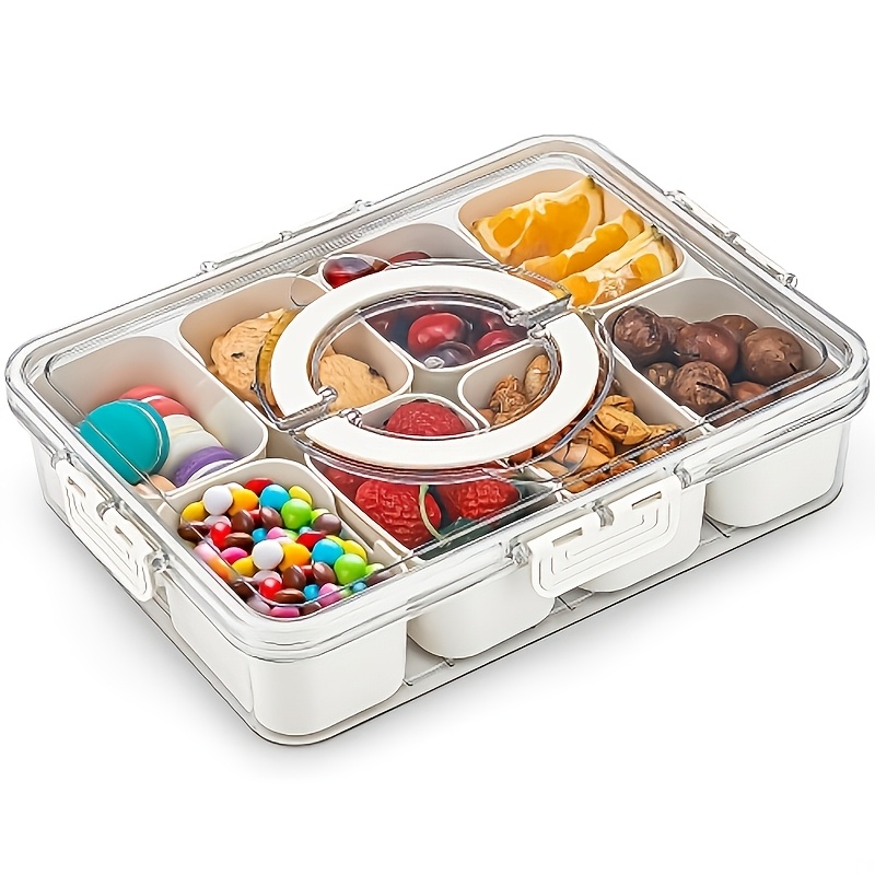 Portable Snack Box with Handle and Lid, 8-Compartment Divided Tray, Suitable for Cooked Food, Candy, and Fruit, Ideal for Travel and Picnics.