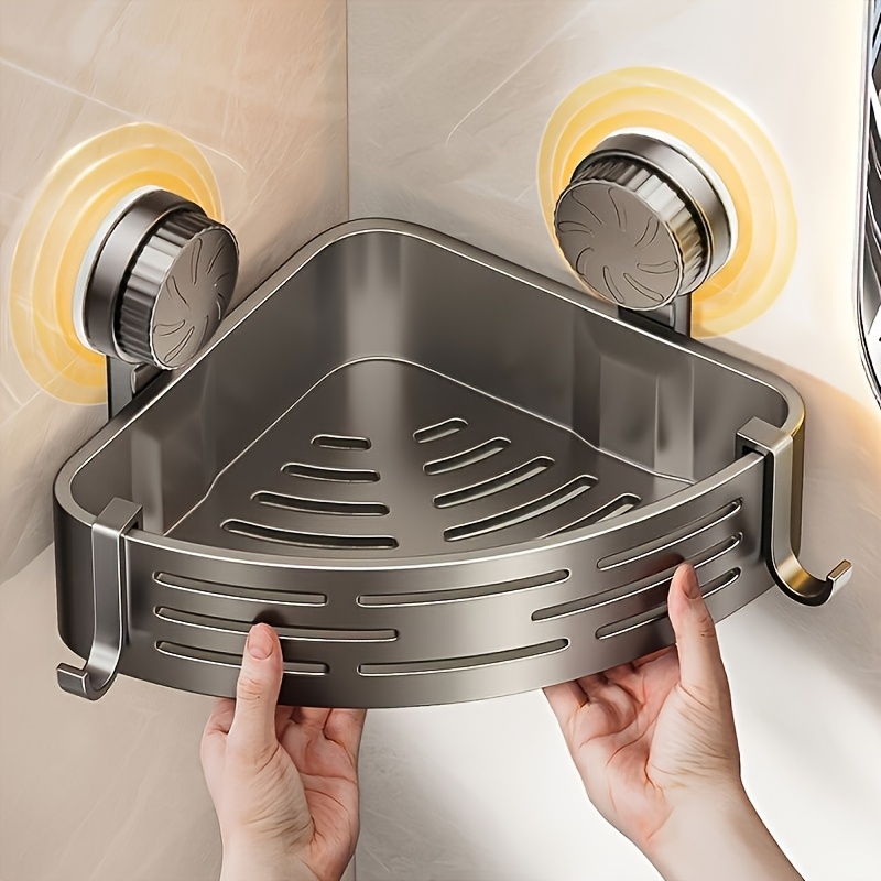 Space-Saving Suction Cup Bathroom Storage Rack | No Drilling Required, Strong Triangular Storage Shelf with Hooks, Suitable for Shower and Bathroom Walls/Tiles, Multi-Functional Organizer, All-Season Use, Bathroom Organization, Bathroom Accessories
