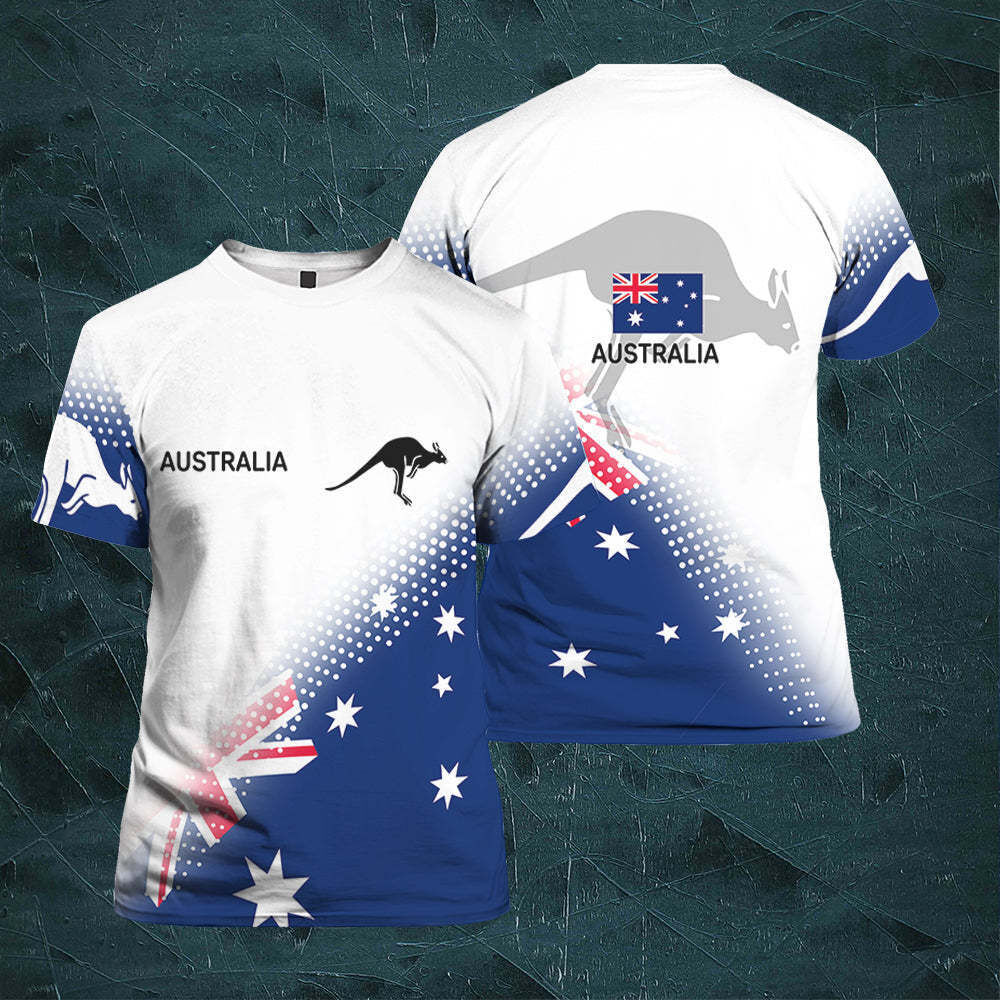 Australian Flag Kangaroo Print Unisex O-Neck Short Sleeve T-Shirt Summer Breathable Cotton Blend Streetwear Top（L）| Other styles Available in Store
