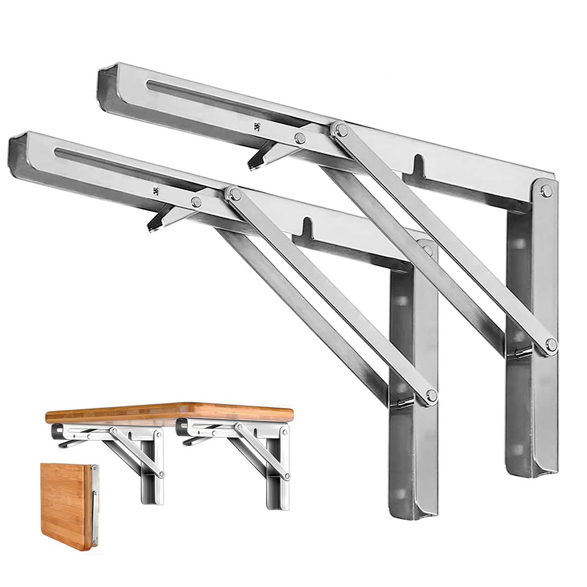 Heavy-Duty Foldable Wall Shelf Brackets – 2-Pack 304 Stainless Steel Triangular Supports with One-Click Release, 550 lb Capacity Each, for Kitchen, Garage, RV & Home; Includes Mounting Hardware (20Inch,Silver)
