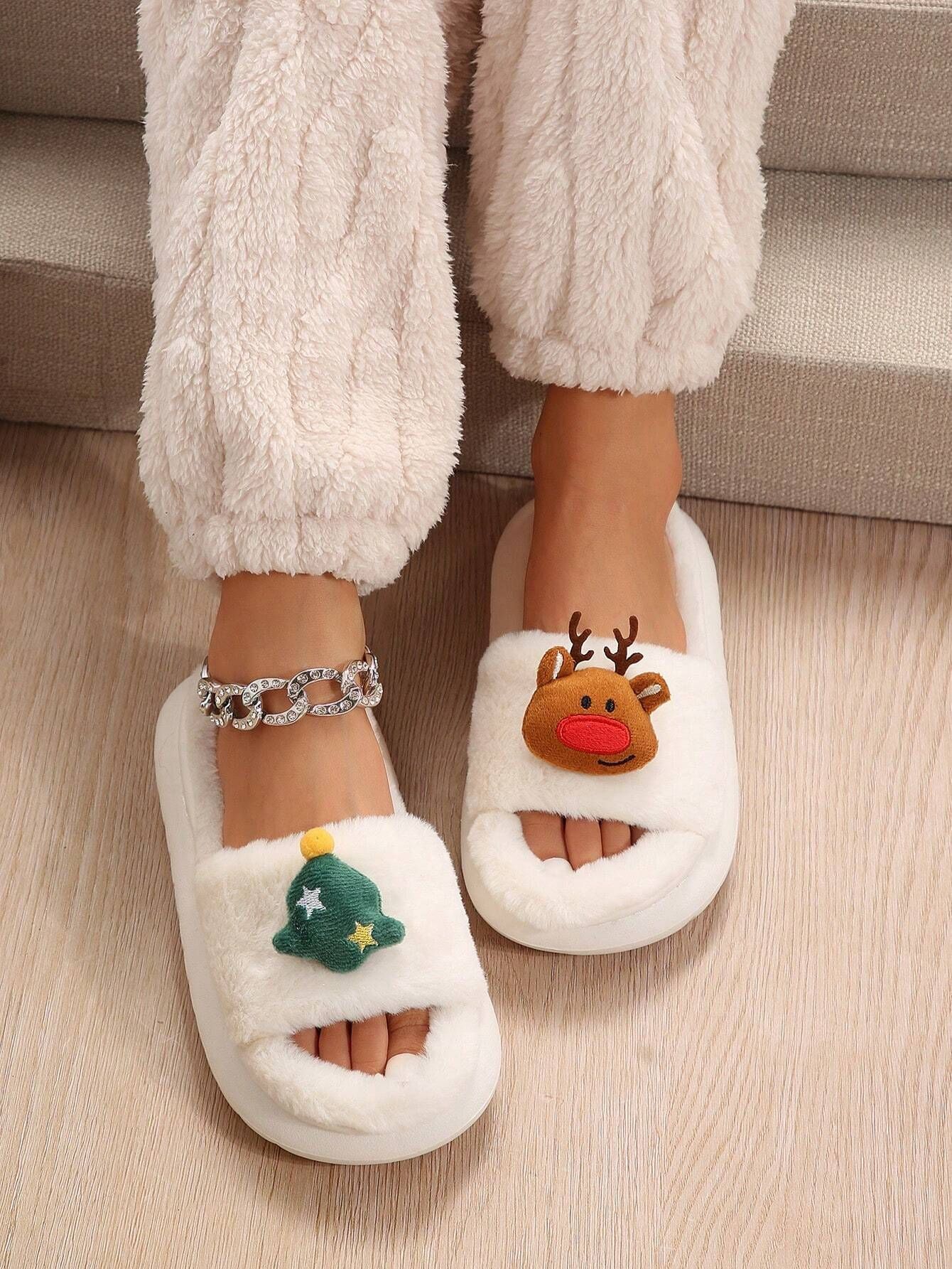 Christmas Cartoon Plush Slippers, Unisex Lightweight Thick-Soled Anti-Slip Fuzzy Slippers for Couples & Family(milky white-43-44)