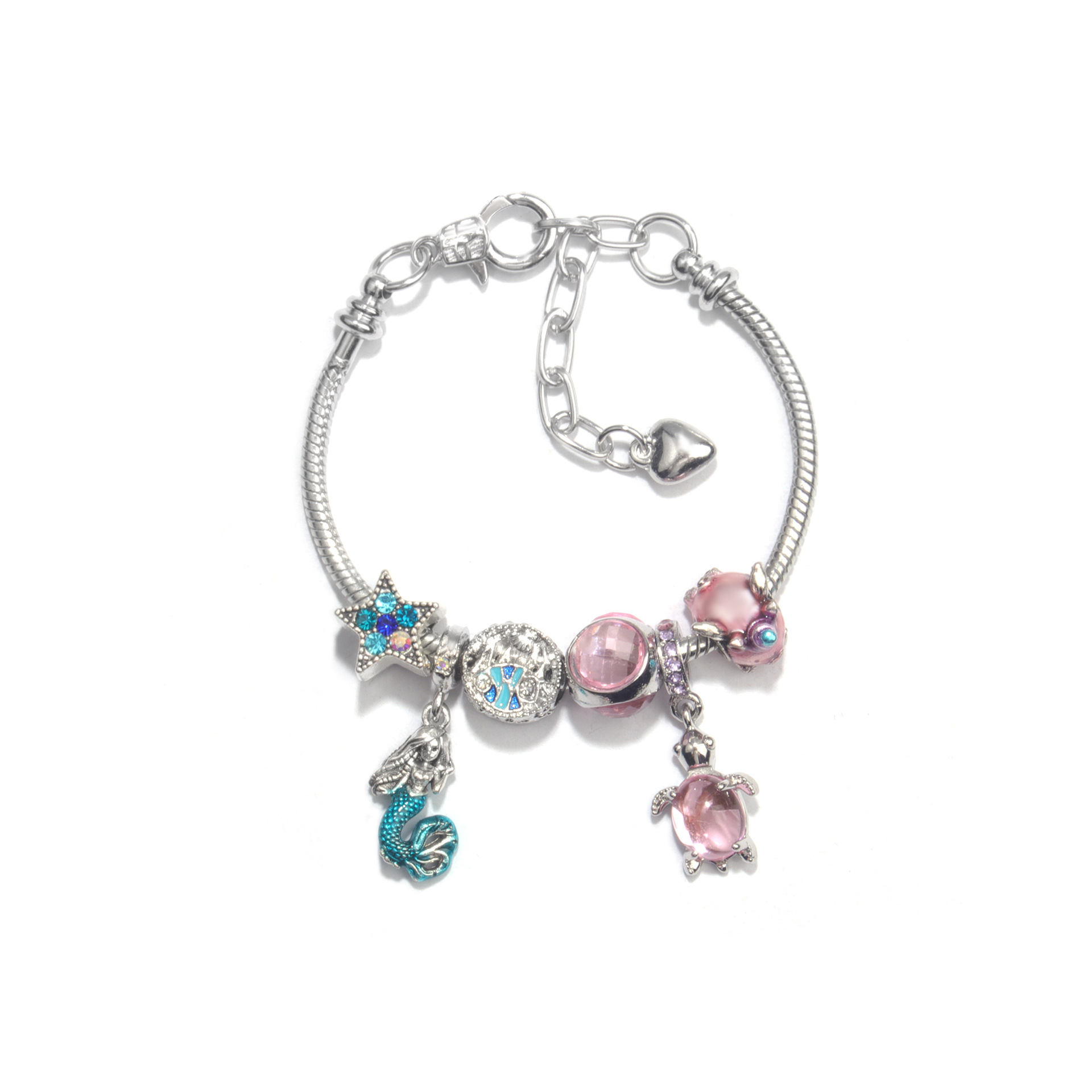 Rhinestone Star Alloy Bracelet with Mermaid & Turtle Charms Cute Pig & Glass Beads Jewelry(21cm)