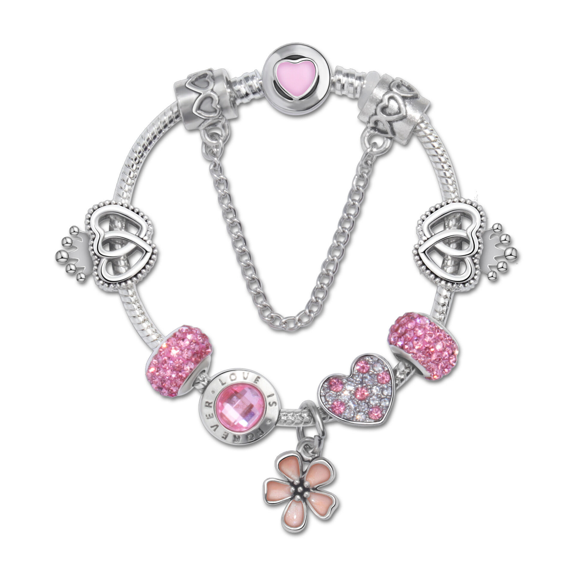 Rhinestone Heart & Crown Bead Bracelet,Fashion Sweet Jewelry for Women(pink-16cm)