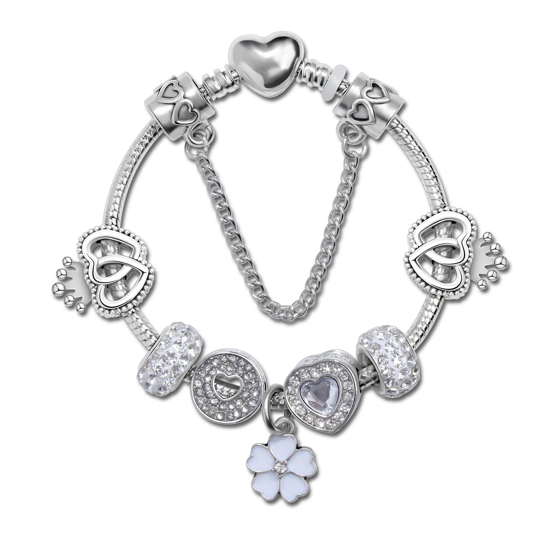 Rhinestone Heart & Crown Bead Bracelet,Fashion Sweet Jewelry for Women(silver-18cm)