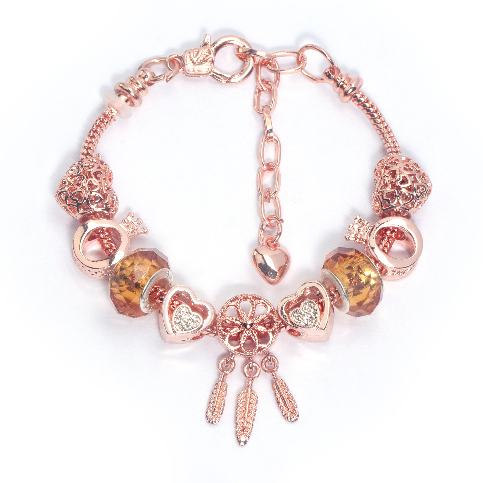 Rose Gold Plated Charm Bracelet with Zircon, Hollow Heart, Flower, Crown & Glass Beads(17cm)