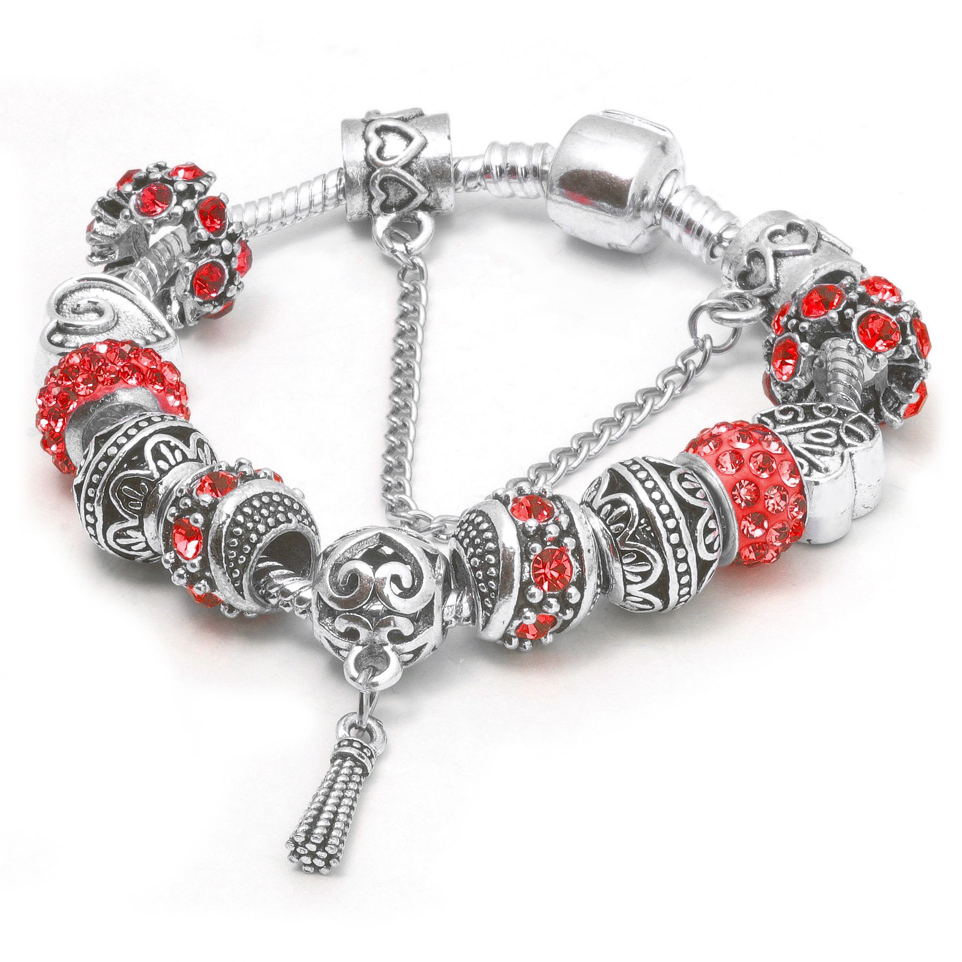 Women’s Vintage Silver-Plated Charm Bracelet - Crystal-Embedded Hollow Carved Multi-Bead Fashion Jewelry(red-19cm)