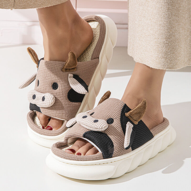 Unisex Cow Cartoon Linen Slippers: EVA Thick Sole Non-Slip Beach Sandals for Couples & Parent-Child, 7 Styles(coffee brown-43-44)