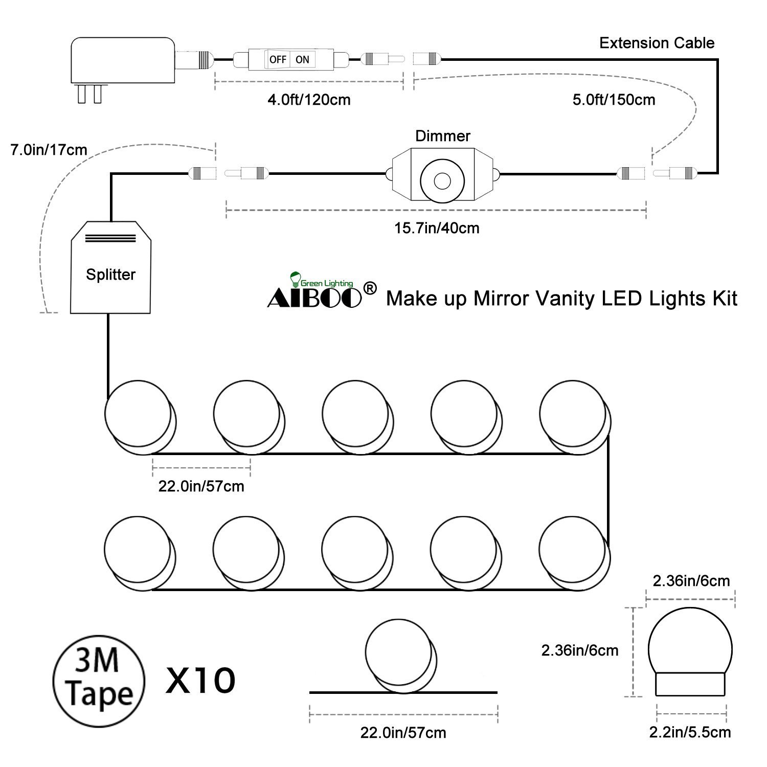 Hollywood Super Star Style Makeup Mirror Vanity LED Light Bulbs Kit for Dressing Table Dimmable & Plug in