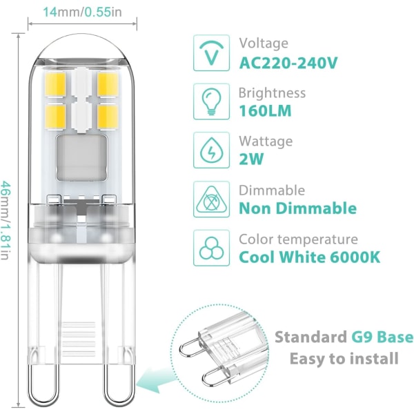 G9 LED Bulbs 10-Pack 1.5W Cool White 6000K Non-Dimmable AC 220-240V Mini Flicker-Free