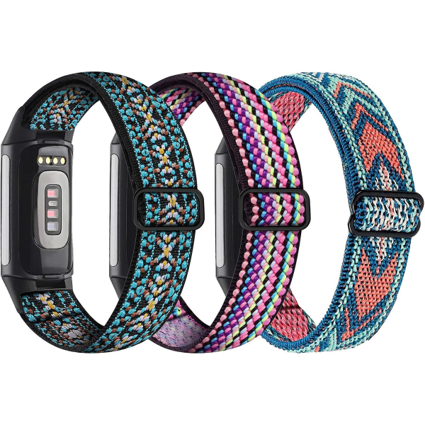 3-pack, elastic nylon wristband compatible with Fitbit Charge 5 - adjustable wristband in breathable fabric