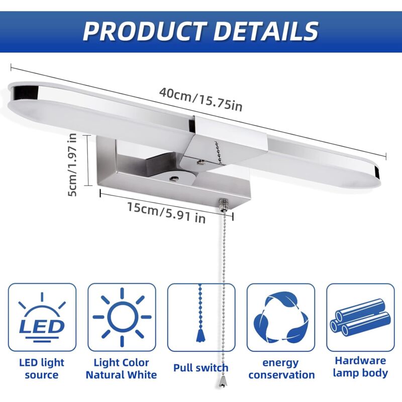 LED Bathroom Mirror Light 40cm LED Mirror Light Wall Lamp Bathroom Mirror Light With Pull Switch 3000K 920Lm 8W Ip44