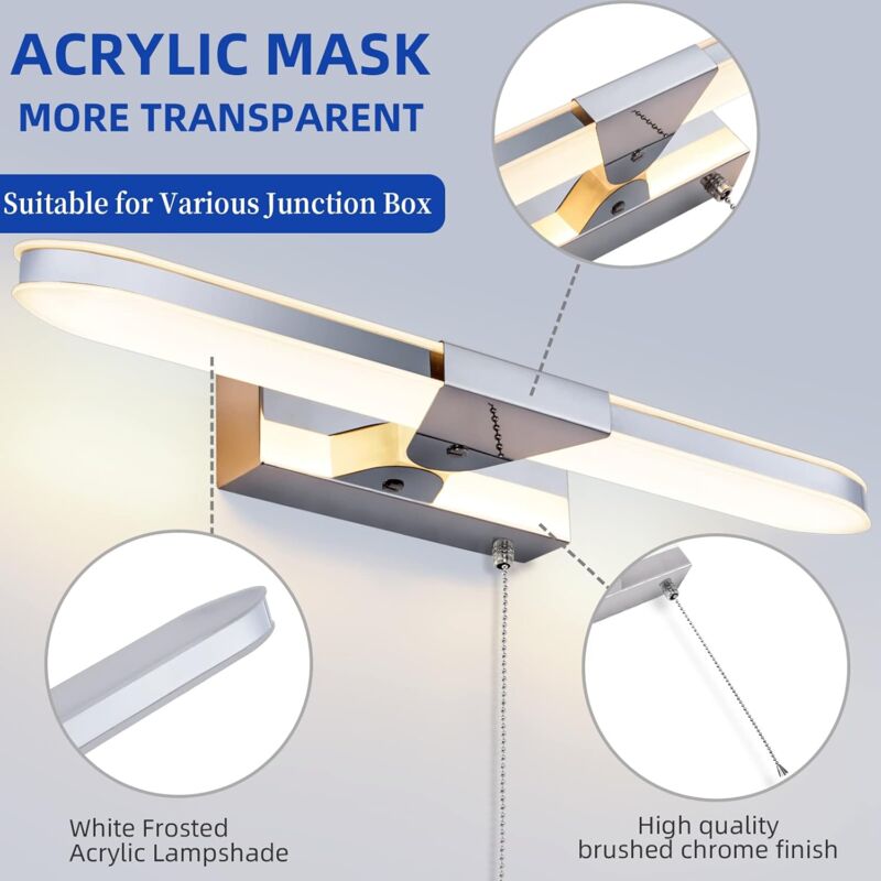LED Bathroom Mirror Light 40cm LED Mirror Light Wall Lamp Bathroom Mirror Light With Pull Switch 3000K 920Lm 8W Ip44