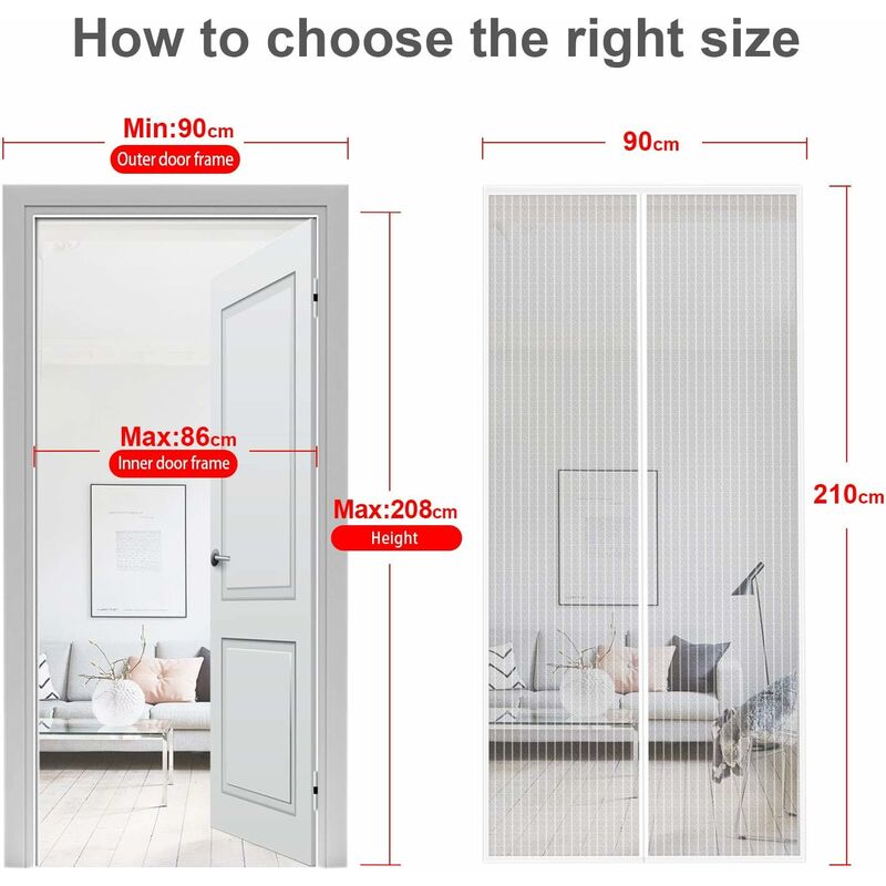 Magnetic Screen Door 90X210cm Anti Fly Curtain Adhesive Strip Automatic Closing Ultra Fine Mesh Tool-Free Installation