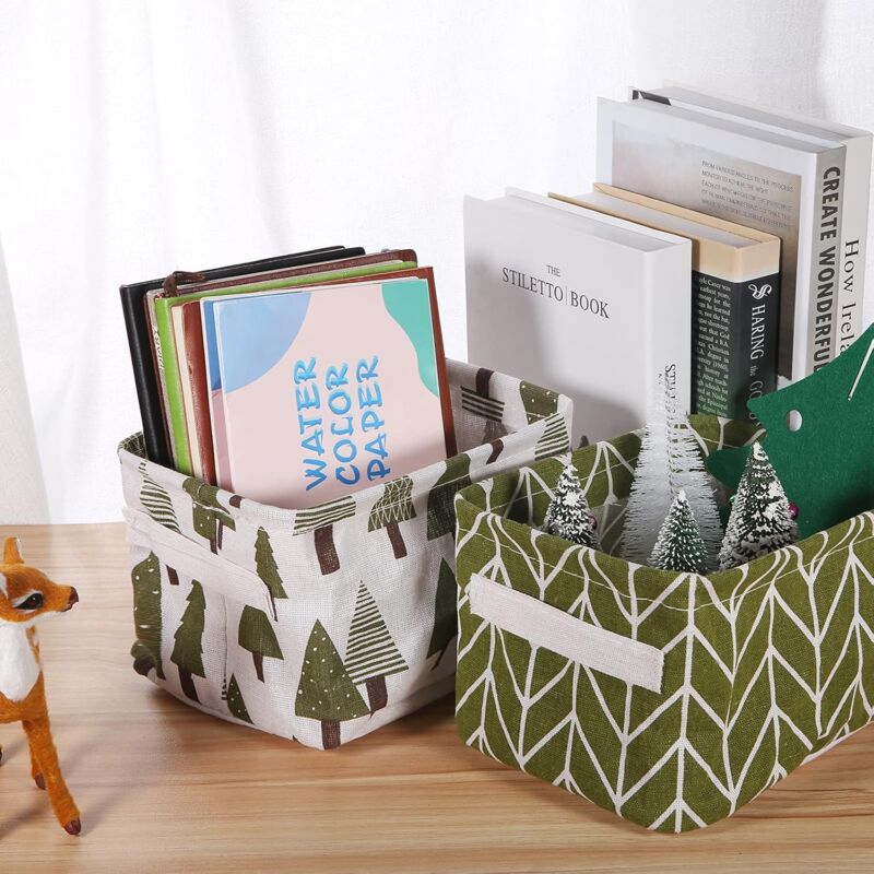 10 Pack Small Foldable Linen Fabric Storage Basket With Handles And Water Repellent Lining
