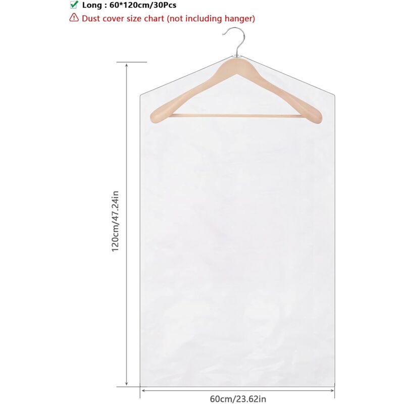 30 Pieces Garment Covers Dustproof Cover Dustproof Pouch Transparent Protective Covers For Dress Suits Coats 60 X 120 cm