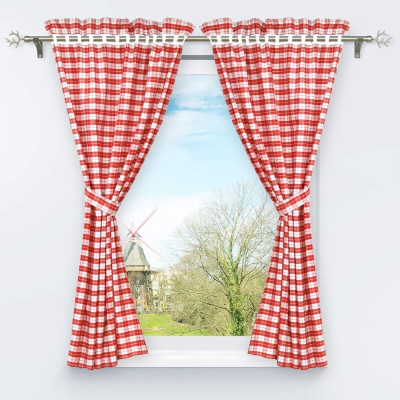 2 pcs Set Perforated Opaque Curtains With 2 Tiebacks Plaid Pattern Window Decoration For Bedroom Indoor Red H/W 120/80cm