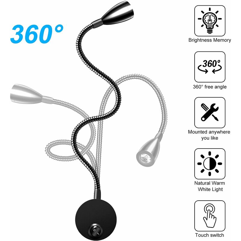 Bedside Wall Lamp 2 Pack Lights Wall Mounted Reading Light LED Gooseneck Light 3W