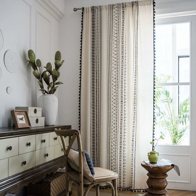1 Panel Bohemian Curtains Cotton Linen Black Tassel Curtains For Living ROom Bedroom (White