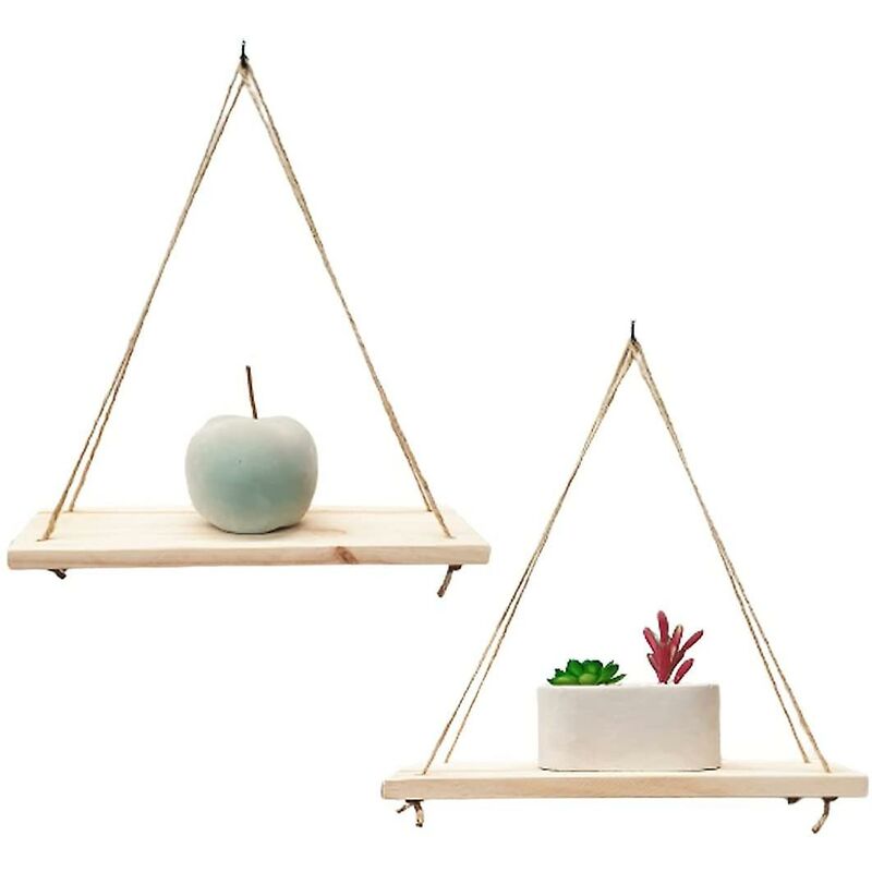 2 pcs Set - Hanging Wall Shelf - Trendy Decoration In Recycled Wood - Hook Included - Pine Wood - 35 cm X 14 cm -