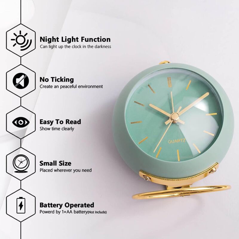 Retro Non-Ticking Analog Alarm Clock With Night Light