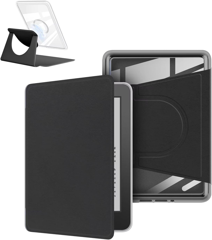 360° Rotating & Detachable Magnetic Case for 7" Kindle Paperwhite 12th Generation (2024) – Auto Wake/Sleep, Hands-Free Stand, Clear Back Cover (black)