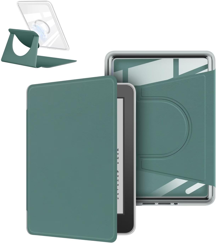 360° Rotating & Detachable Magnetic Case for 7" Kindle Paperwhite 12th Generation (2024) – Auto Wake/Sleep, Hands-Free Stand, Clear Back Cover (Dark Green)