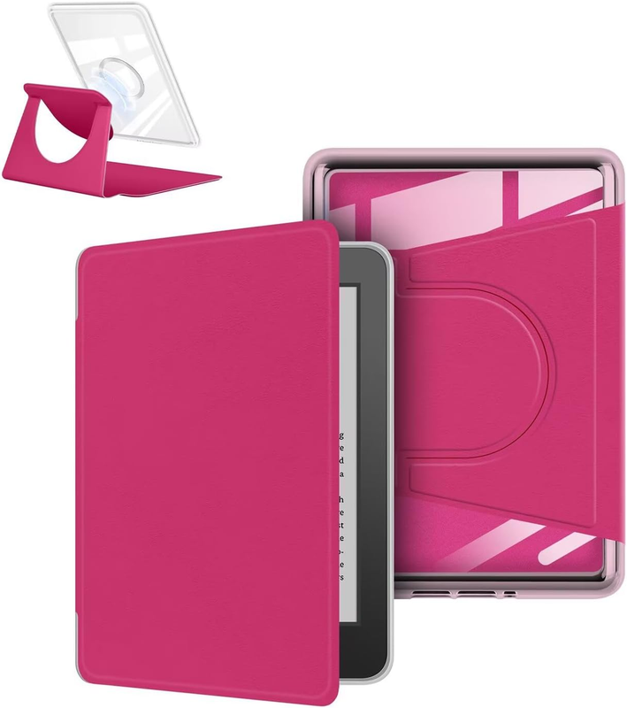 360° Rotating & Detachable Magnetic Case for 7" Kindle Paperwhite 12th Generation (2024) – Auto Wake/Sleep, Hands-Free Stand, Clear Back Cover (Rose Red)