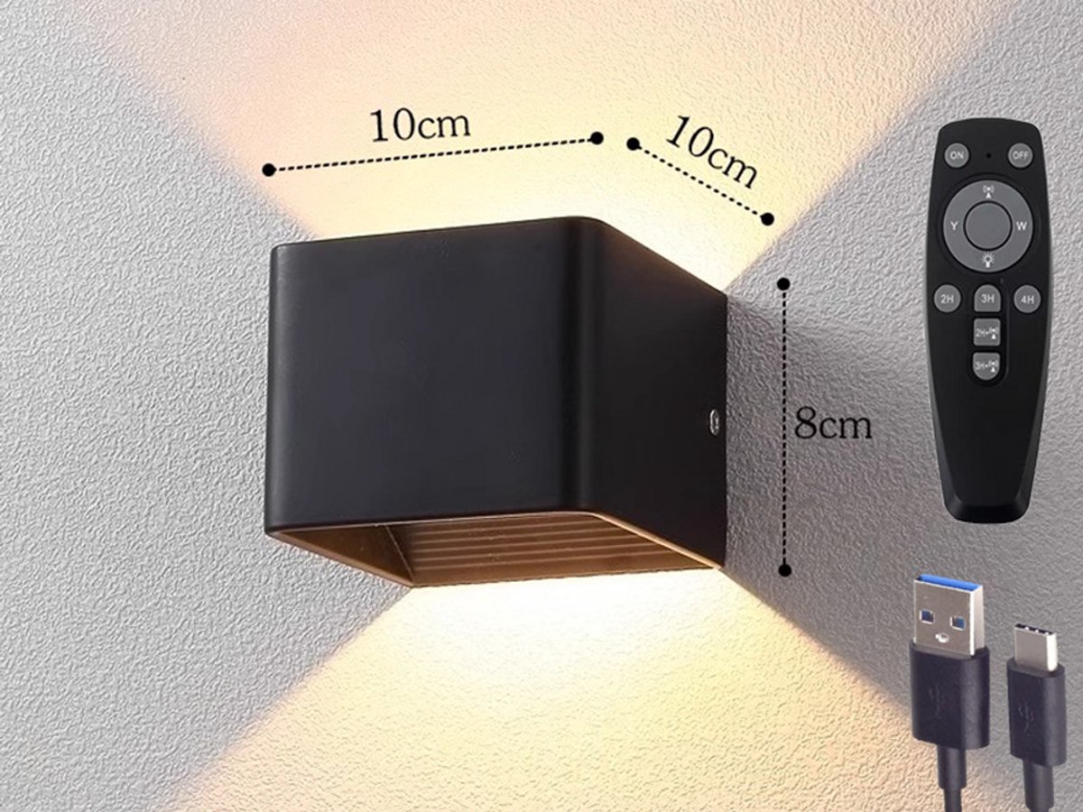 Rechargeable wall light with remote control - 5W - Three colors - Dimmable - Night light - Cordless - Battery-operated wall lamp - Suitable for indoor and outdoor use - Black