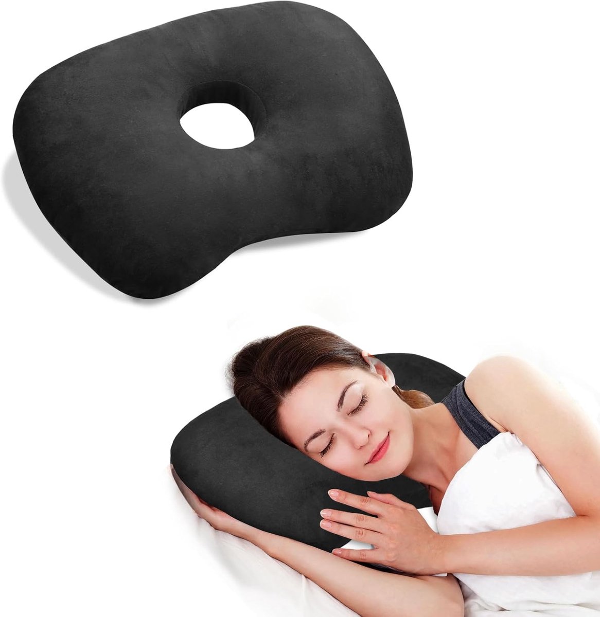 Curved side pillow - Ear holes - Adjustable cotton/polyester - Machine washable - Suitable for pierced ears - Black Curved side pillow - Ear holes - Adjustable cotton/polyester - Machine washable - Suitable for pierced ears - Black
